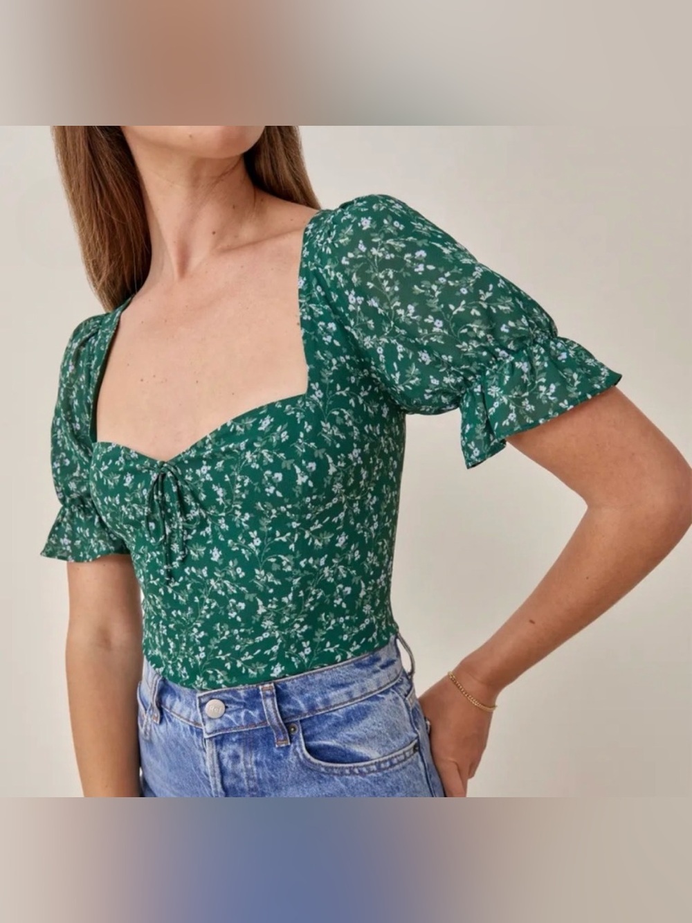 Reformation Delevan Top | Green Floral Puff-Sleeve Sweetheart Top